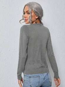 Blusa casual de manga larga con botones delanteros de unicolor para mujer, para uso diario, suéter de punto en otoño/invierno - Negro - Ver 2