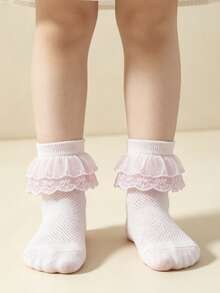 5 Pasang Kaos Kaki Dansa Katun Bernapas Berbahan Jala Warna Polos untuk Anak Perempuan, Kaos Kaki Kasual Gaya Putri dengan Hiasan Renda untuk Balita - Baby Pink - View 3