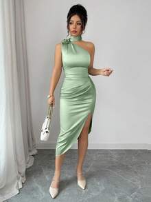 abyoxi Gaun Midi Wanita Satin Hijau Elegan dengan Hiasan Ruffle Bunga 3D di Bagian Bawah dan Belahan, Cocok untuk Liburan Pantai, Pesta, Wisuda, Pernikahan, Kencan, dan Acara Musim Semi/Panas - Hijau muda - View 6