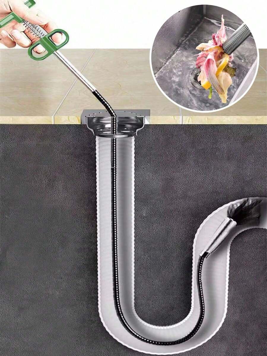 1pc Kitchen Drain Clog Remover, Spring Design Press Handle Grabber, 200cm Pipe Unclogger, S-Shaped 4-Claw Grabber Suitable For Various Complex Pipes, Clears Hair/Kitchen Waste, Prevents Water Accumulation And Mosquitoes, Suitable For Kitchen/Bathroom/Bathtub/Toilet