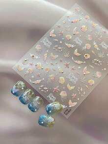1张梦幻美人鱼美甲贴纸，精致的水母、海星和尾巴图案，搭配草书“梦幻水母”字样，时尚自粘贴纸，打造清新甜美的美甲造型 - 彩色 - 查看 1