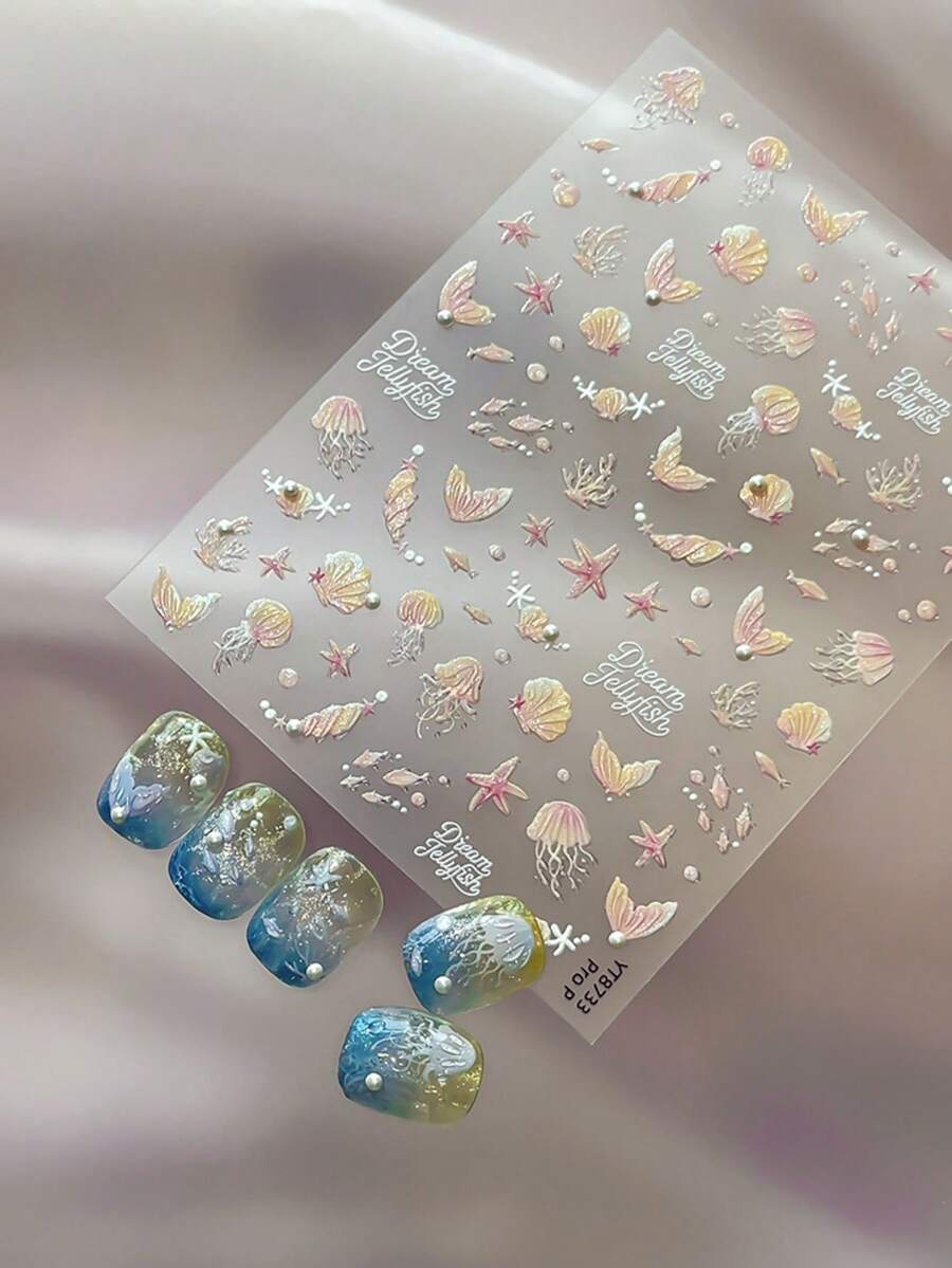 1张梦幻美人鱼美甲贴纸，精致的水母、海星和尾巴图案，搭配草书“梦幻水母”字样，时尚自粘贴纸，打造清新甜美的美甲造型 - 彩色 - 查看 1