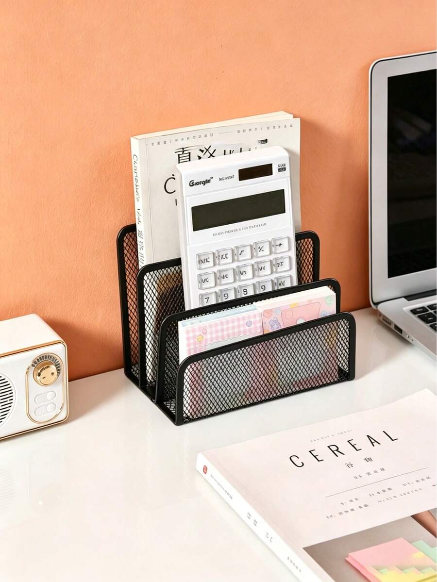 1pc Black Metal Mesh Desktop Letter Organizer, Small File Folder Organizer, With 3 Vertical Compartments Bookstand, Suitable For Classroom And Office Document Organization - Black - View 1