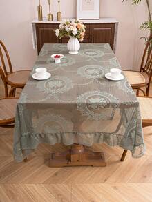 1pc French Elegant Floral Lace Trim Tablecloth, Countryside Fresh Decor - Green - View 5
