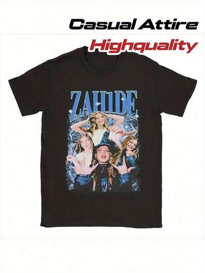 Camiseta Gráfica Retro Zahide Merch de Allseason Apparel - Estampado con Letras Atrevidas de Zahide y Retrato de Zehra, Ropa Urbana Unisex de Cuello Redondo, Camiseta Casual de Tela Elástica, Merchandising Musical Retro Coleccionable para Hombres y Mujeres, Ajuste Cómodo para Todas las Temporadas (Regalo Ideal para Fans) - Diseño Geométrico y de Retrato, Lavable a Máquina, Corte Regular, Estilo Retro Atrevido, Perfecta para Atuendos Casuales y Regalos, Moda Urbana, Material Duradero, Impresión de Alta Calidad, Para Entusiastas de la Moda