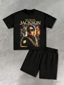 2-Piece Boys' Casual Printed Crew Neck Short-Sleeved T-Shirt Set, Comfortable And Casual, New Summer Arrival. - 黑色+黑色 - 查看 2