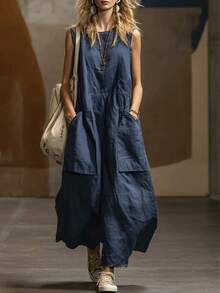 2026 Spring/Summer New Loose Sleeveless Dress With Three-Dimensional Pockets - Milky - View 7