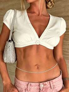 Women's Vacation V-Neck Puff Sleeve Cropped Top, Slim Fit Multiple Colors Spring Summer Wear, Hand Wash Recommended, Perfect For Beach, Party, Daily Casual Outfit - trắng - Xem 10