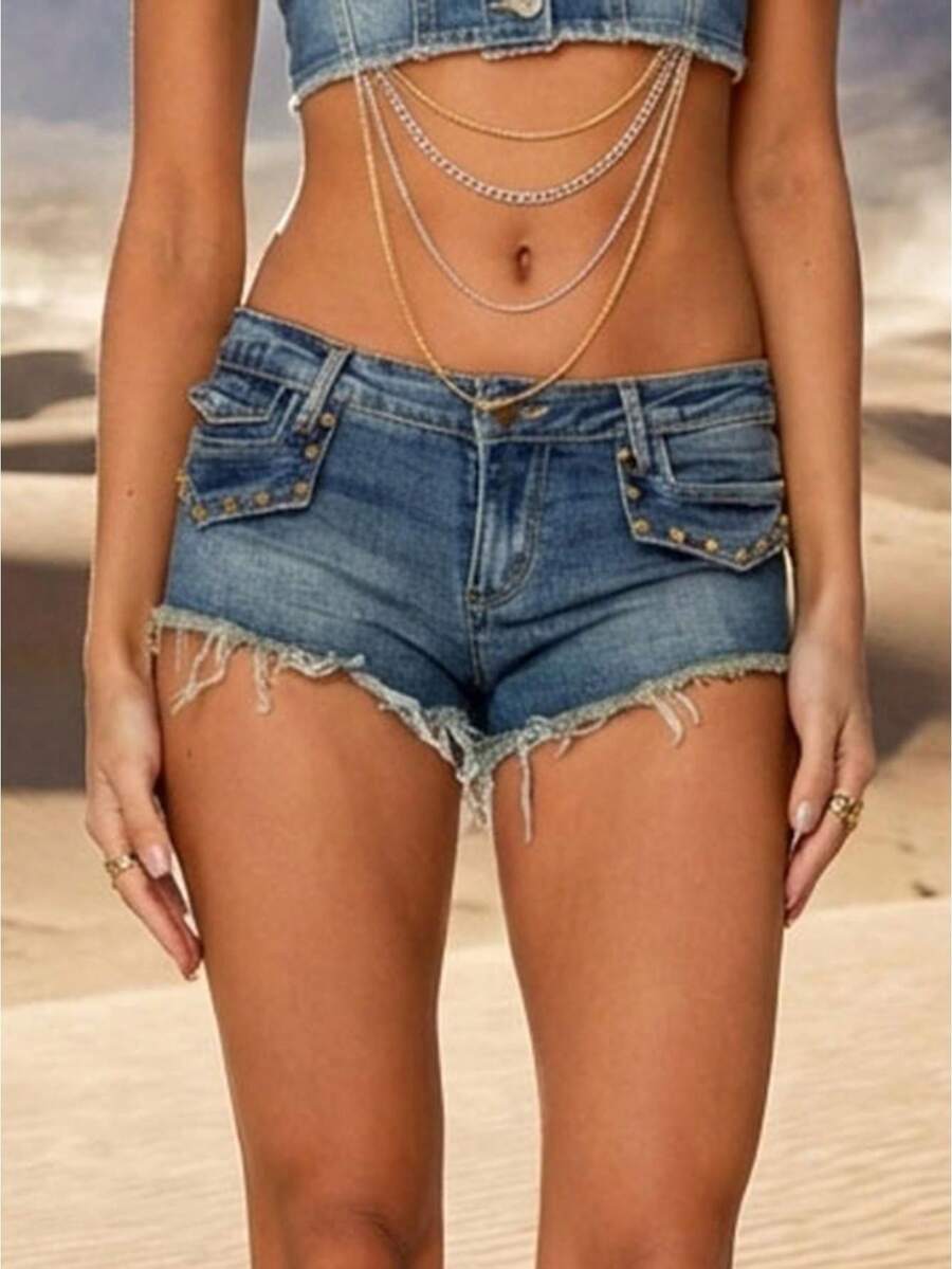Women's Low Rise Riveted Fitted Denim Shorts - Summer Casual Shorts For Daily, Streetwear Club - Blue - View 1