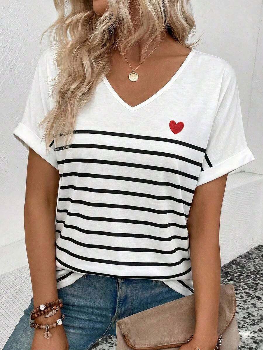 Camiseta casual y versátil para primavera/verano con cuello en V, puños acampanados y estampado degradado en forma de corazón - Multicolor 5 - Ver 1