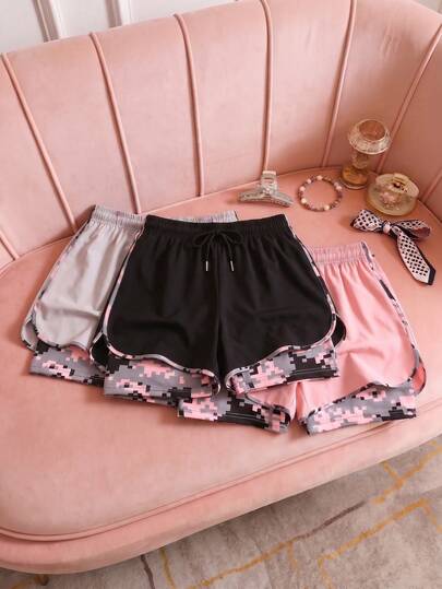 1 chiếc quần short thể thao nữ mùa hè kiểu dáng thường ngày, có dây rút ở eo, túi bên trong, thiết kế phối màu độc đáo, thời trang và phù hợp cho chạy bộ, tập thể dục, đạp xe, yoga và các dịp khác.