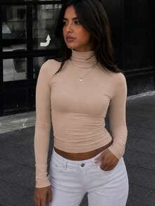 Women's Long Sleeve Turtleneck Blouse With Ribbed Knit Detail - Basic Style - Beis - Ver 1