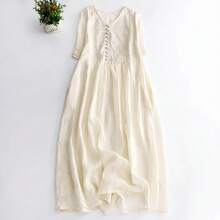 Vestido largo de verano de algodón y lino con cuello en V para mujer, estilo coreano, falda acampanada de cinco mangas, estil... - Color de la imagen - Ver 1