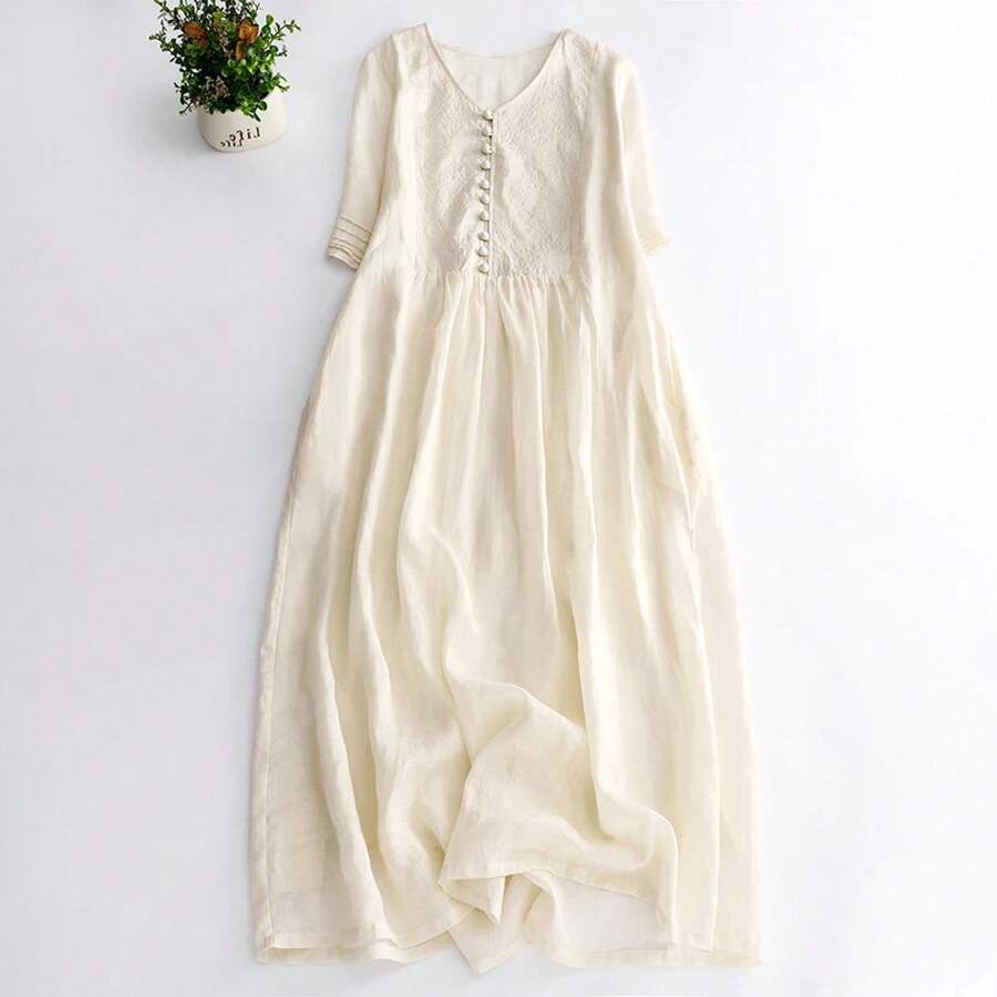 Vestido largo de verano de algodón y lino con cuello en V para mujer, estilo coreano, falda acampanada de cinco mangas, estil... - Color de la imagen - Ver 1