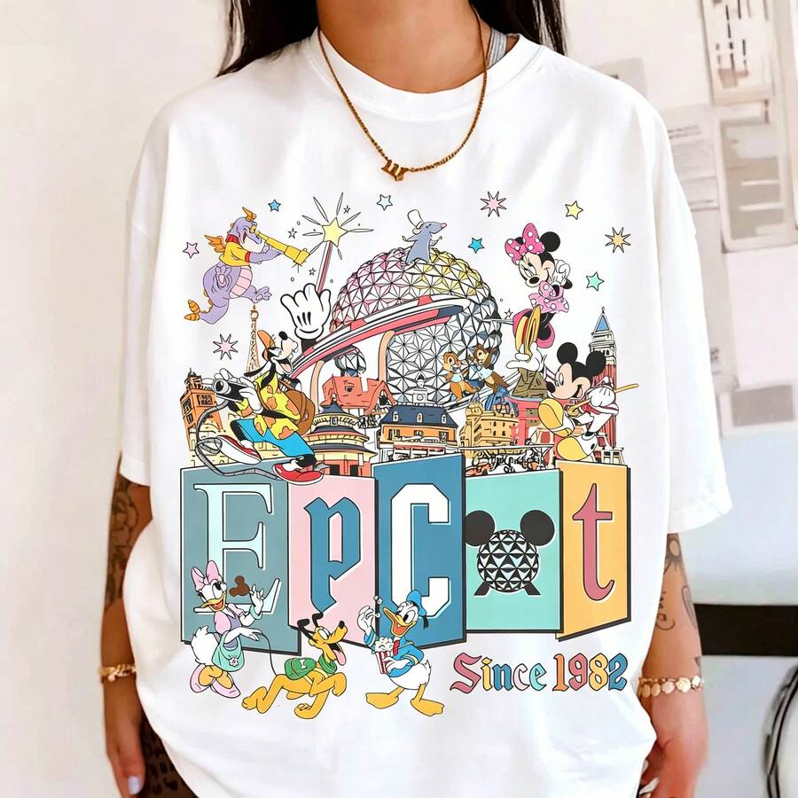 Disney Women's And Men's T-Shirts Vintage Epcot Characters And Park Icons Printed Oversized T-Shirts, 100% Cotton Retro Short-Sleeved Casual Shirts, And Graphic Printing T-Shirts For Epcot Park Travel Matching Outfits - trắng - Xem 1