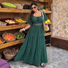 Nuevo Vestido Vintage de Primavera con Cuello Cuadrado Estampado de Talla Grande y Manga Corta - Verde - Ver 2