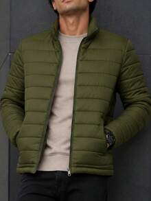 Men's HPC Polo Fleece Puffer Jacket, Warm, Casual, Basic, No Hood, Youthful And Modern Style, Ideal For Winter Or Cold Weather - 軍綠色 - 查看 4