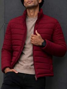 Men's HPC Polo Fleece Puffer Jacket, Warm, Casual, Basic, No Hood, Youthful And Modern Style, Ideal For Winter Or Cold Weather - 紅色 - 查看 1