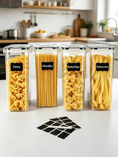 4PCSMoisture-proof and pest-proof sealed pasta storage container, leak-proof transparent preservation box, can store dry pasta, macaroni and grains, stackable design to extend food freshness, one-button lockable fresh pasta storage container, with lid and moisture-proof design, effectively pest-proof, keeping dry pasta and macaroni dry and fresh