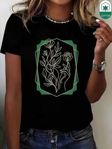 1 prenda de ropa de verano para mujer, camiseta sencilla con estampado floral y de rosas, adecuada para uso diario casual, ropa elegante para mujer, estilo: cuello redondo, manga corta, corte holgado, un regalo para usted misma/familia/amante/amigos, top de algodón transpirable. - Negro - Ver 7