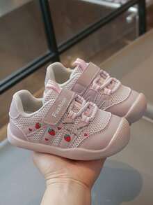 1 Pair Girls' Pink & White Mesh Strawberry Embroidery Hook & Loop Toddler Shoes, Korean Sweet Style, Suitable For Small & Medium Children Spring/Summer Daily Wear - Pink - View 1