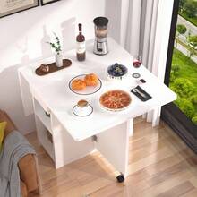 Mobile Folding Dining Table, Drop Leaf Table With 2 Wheels, 2-Layer Storage Rack & Drawer, Extendable Kitchen Table For Small Space, Dining Room, Living Room (White) - White - View 5