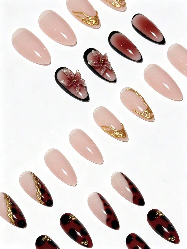 24pcs Medium Almond Gradient Leopard Print French Nail Patches, Gold Lines And Floral Patterns, With Gold Beads, Vintage Style Full Coverage, Suitable For Women, Girls For Daily, Dating, Office, Home, Party And Other Occasions, A Must-Have For Autumn And Winter Nails - Multicolor - View 4
