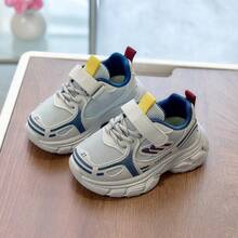 1 par de zapatillas deportivas transpirables de malla con cierre de gancho y bucle para niños/niños pequeños, zapatos deportivos casuales unisex con bloques de color, suela blanda antideslizante para correr, para todas las estaciones - Gris - Ver 1