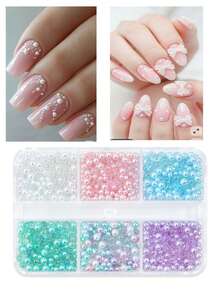 6格彩色玻璃珠美甲配件混裝 夏季海洋珍珠水鑽美甲飾品 DIY 女用美甲沙龍珠寶美甲用品 - 彩色 - 查看 3
