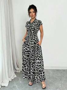 Vestido abotonado de manga corta con cuello, cintura ceñida y estampado de leopardo elegante para mujer - Gris - Ver 5