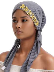 1pc Crinkle Solid Color Turban Hijab With Gold Rhinestone Decor, Stretchy Pre-Tied Head Scarf For Muslim Women, Instant Head Wrap Cap - A - View 18