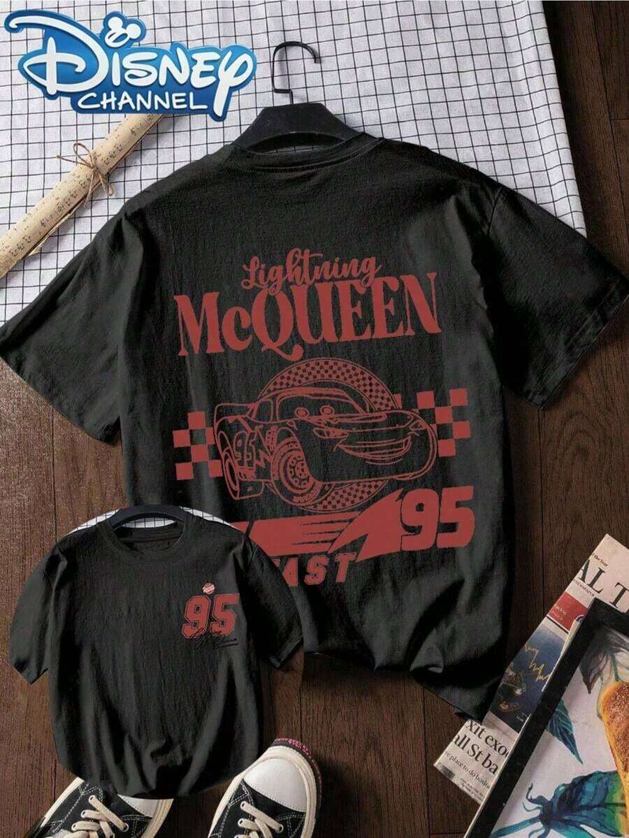 T-shirt con stampa di lettere Disney ufficialmente concessa in licenza, giacca casual a maniche corte, adatta per estate e primavera, abbigliamento da donna - nero - Visualizzare 1