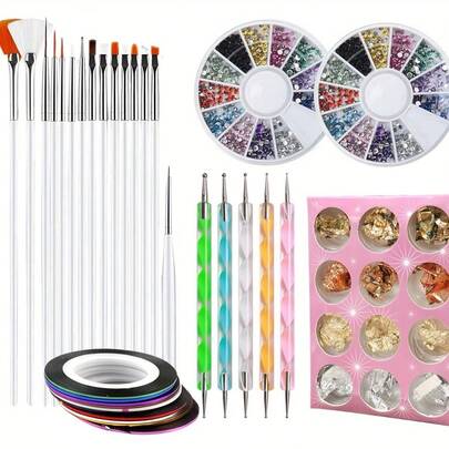 Bộ dụng cụ vẽ móng nghệ thuật 33 món, bút chấm hai đầu, phụ kiện trang trí móng kèm đá đính và giấy bạc trang trí móng.