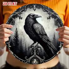 2D Flat Design - 1pc Black Round Metal Plaque, 2D Flat Design, Raven Pattern. This 7.8X7.8 Inch Gothic Style Metal Tin Plate Has A Mysterious Wall Decor Function, Suitable For Home, Garage, Dining Area Or Cafe - A - View 7