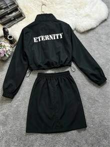 SAOYANGYU 女士街头风纯色“ETERNITY”字母印花抽绳外套和迷你裙两件套休闲套装，黑色，适合度假和春季穿着，优雅时尚。 - 黑色 - 查看 2