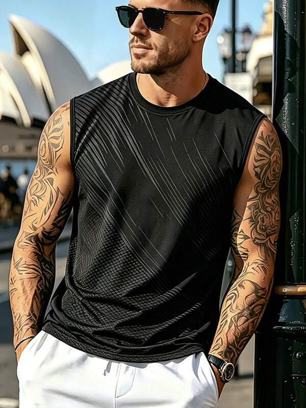 Camiseta sin mangas estilo deportivo callejero para hombre, top deportivo casual versátil de verano con textura oscura