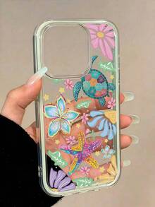 1pc Contrast Color Turtle & Starfish Pattern Phone Case Compatible With 17/17Pro/17ProMax, 16/16Pro/16ProMax, 15/15Pro/15ProMax, 14/14Pro/14ProMax, 13/13Pro/13ProMax, 12, 11, Coastal Style - Multicolor - View 2