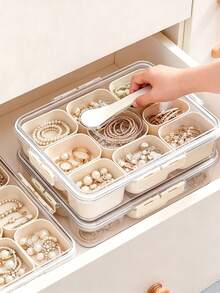 1 cái/2 cái Hộp lưu trữ phụ kiện bàn làm việc thanh lịch, hộp đựng trang sức nắp ấn sáng tạo cho kẹp tóc, ngọc trai, dây buộc tóc, mút trang điểm, cọ, chống nước và chống bụi, phù hợp cho ký túc xá, khách sạn, phòng ngủ, bàn trang điểm - trong suốt - Xem 11