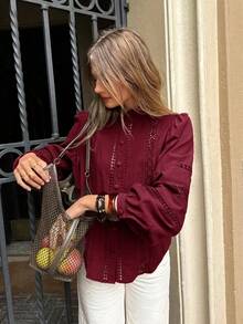 Camisa de mujer de unicolor con cuello Mao, versátil y casual para uso diario - Burdeos - Ver 3