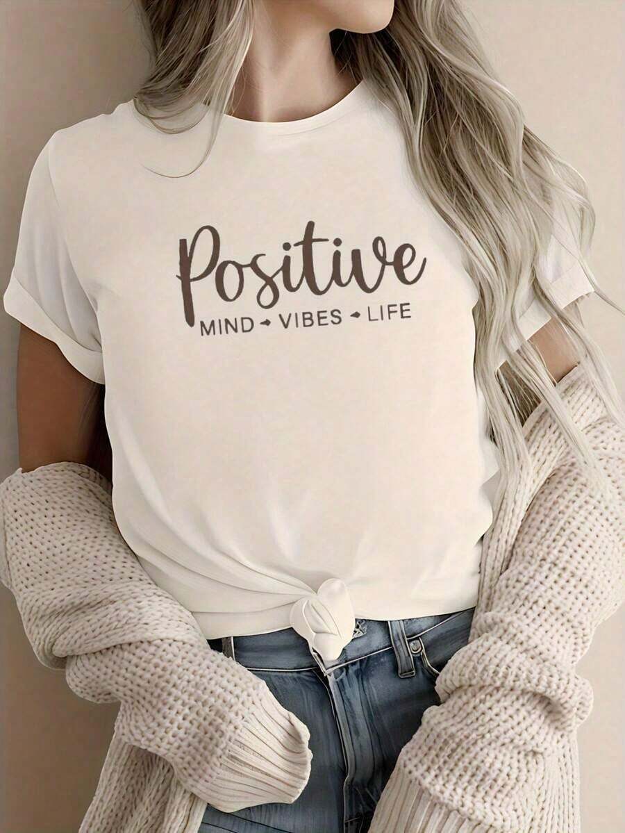 White Round-Neck T-Shirt For Women, 220 G, With A Design Inspired By Positive Thinking, Perfect For All Seasons And Washable. - Blanc - View 1