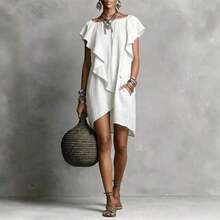Women's Linen Blend Mini Dress, Boat Neck Ruffle Short Sleeve Asymmetrical Hem Shift Dress With Pockets, Casual Summer Outfit For Everyday & Vacation - 粉色 - 查看 2