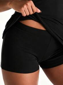 Allurini 2 pièces/Ensemble Top à manches longues basique souple et élastique + Short pour femmes, noir élégant d'été - Noir - Voir 5