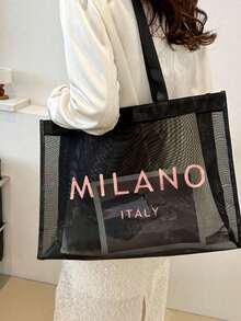 大容量網格肩背包附化妝包功能，飾有玫瑰金「Milano」標誌。這是一款便攜式海灘度假大容量托特包、網格海灘包、便攜式透明網格化妝包和收納包。它是適合男士、女士、情侶日常使用、約會、生日和其他場合的理想購物袋。 - 彩色 - 查看 4