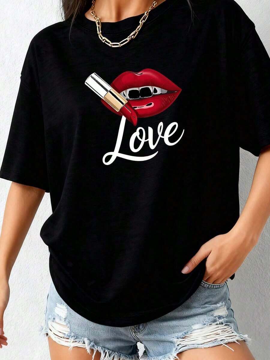Funny Lipstick Design T-Shirt-1 - Black 2 - View 1