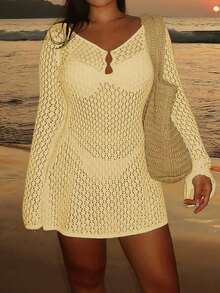 Traje de baño tipo pareo de ganchillo para mujer talla grande, elegante estilo bohemio de resort de playa, falda corta con escote en V sexy y botones de perla, blanco para vacaciones - Amarillo - Ver 8