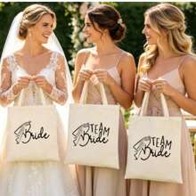 Braut & Brautjungfer Leinwand Tragetasche, wiederverwendbare Hochzeitsfeier Geschenk Tasche, elegante Schleier Muster Schultertasche, perfekt für Brautjungfer Geschenk, Junggesellinnenabschied, Brautparty & Einkaufen - Aprikose - Übersicht 4
