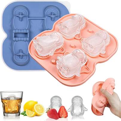 Ice Cube Tray,Silicone Ice Cube Tray With Lid,Penguin Ice Cube Trays For Whiskey Cocktails Gin Beer Juice, DIY Ice Cube Mold