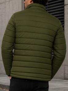 Men's HPC Polo Fleece Puffer Jacket, Warm, Casual, Basic, No Hood, Youthful And Modern Style, Ideal For Winter Or Cold Weather - 軍綠色 - 查看 2