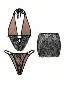 Swim  Conjunto de traje de baño de 3 piezas con parte superior de bikini halter sin espalda con encaje y cuentas, Bottom fruncida y falda de encaje, un conjunto de ropa de baño sexy y atrevido de vanguardia para mujeres, adecuado para primavera, vuelta al colegio, festival de música, vacaciones, San Valentín, Año Nuevo, Día de la Madre, Día Internacional de la Mujer, salida familiar - Café integral - Ver 7