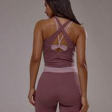 Sport Parte superior activa con espalda cruzada y capas, conjunto activo de actividad, entrenamiento, gimnasio, pilates, fitness, uso diario casual, atuendo de primavera de cuarzo ahumado, verano, vacaciones, Y2K - Rosa - Ver 3